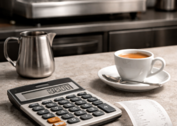Kalkulator i paragon obok espresso, koszt i cena kawy w kawiarni na neutralnym blacie.