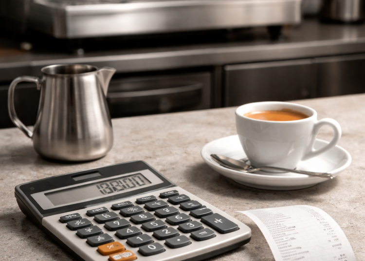 Kalkulator i paragon obok espresso, koszt i cena kawy w kawiarni na neutralnym blacie.