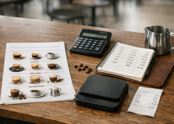 Analityczny kadr z kalkulacją kosztów i projektem menu kawowego w kawiarni.