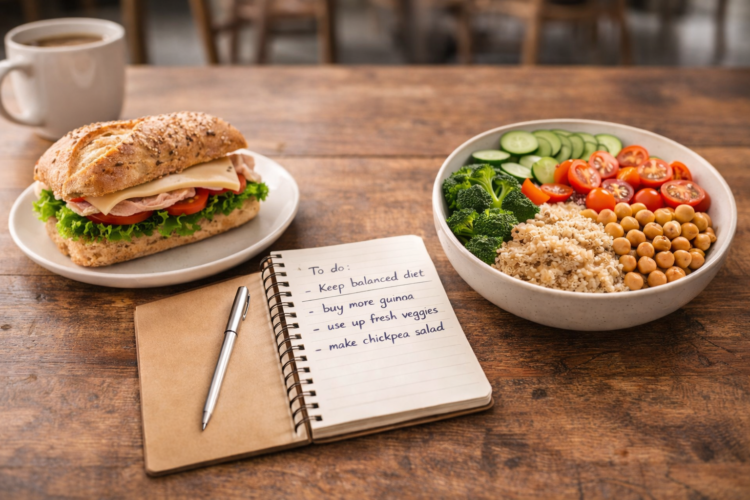 Produkty z glutenem i bez glutenu ułożone obok siebie na stole