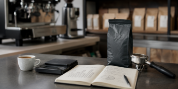 Filiżanka espresso, waga baristyczna i notes z analizą kosztów kawy w kawiarni