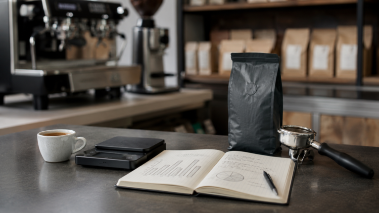 Filiżanka espresso, waga baristyczna i notes z analizą kosztów kawy w kawiarni