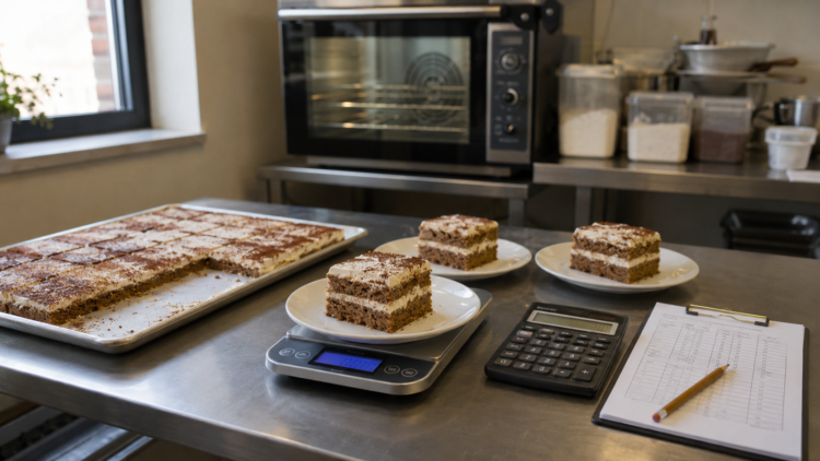 Porcje ciasta na wadze kuchennej z kalkulatorem i notatnikiem do analizy kosztu porcji.
