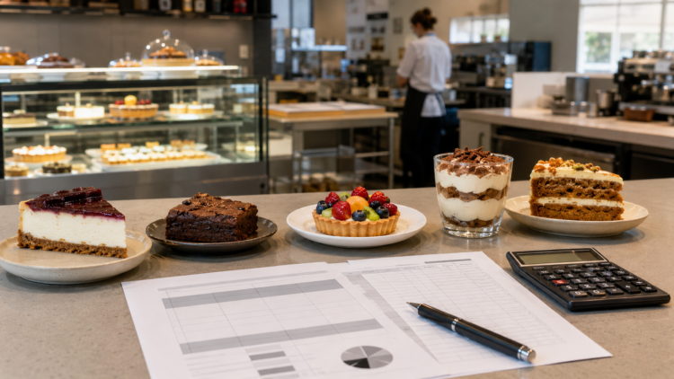 Pięć deserów na blacie kawiarni obok planu menu i kalkulatora.